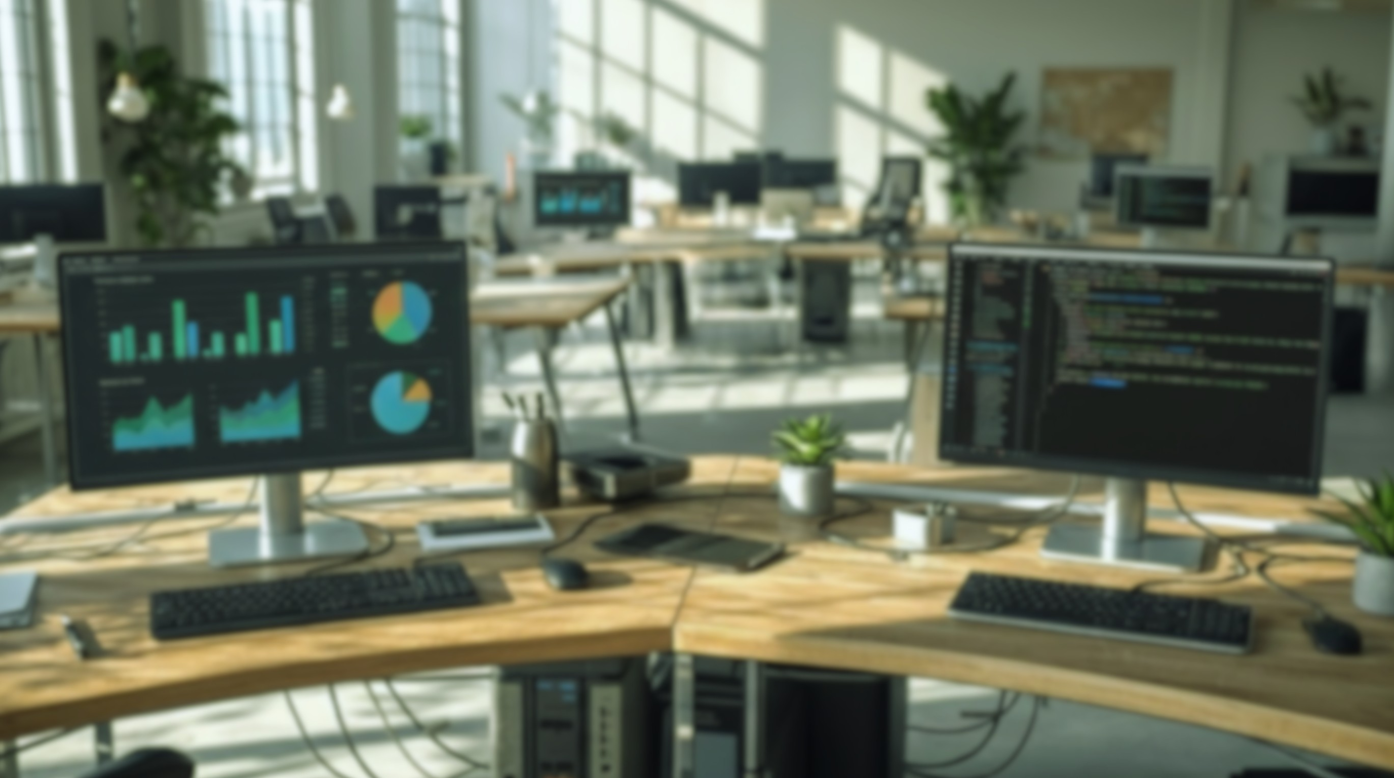 Workspace with separate monitors displaying data visualizations and programming code.